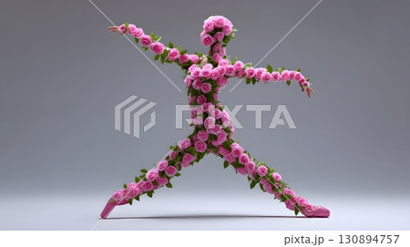 A ballet dancer sculpted from blooming roses, a poetic floral concept. 130894757