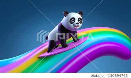 Playful panda surfs colorful rainbow wave 130894763