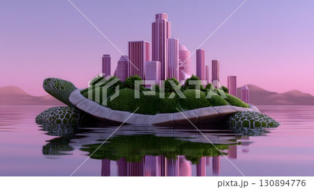 Floating eco-city island on a giant turtle's shell 130894776