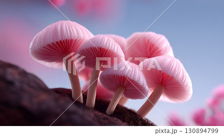 Whimsical pastel mushrooms in a forest setting 130894799