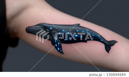 Majestic space whale with glowing constellation tattoos 130894884