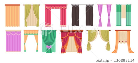 Cartoon curtains. Different colors and shapes interior wavy curtains, textile room decoration, windows drapery, blackout blinds, minimal isolated hanging elegant fabric, tidy vector set 130895114