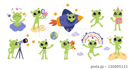 Cartoon green aliens characters. Funny little humanoids, different poses and actions, kids cute smiling mascot, ufo people, fictional monster creatures stickers, garish vector isolated set Cartoon green aliens characters. Funny little humanoids, different poses and actions, kids cute smiling mascot, ufo people, fictional monster creatures stickers, garish vector isolated set 130895115