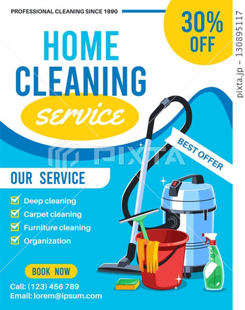 Cleaning service. Professional home washing, vacuum cleaner, mop, detergents, housekeeping advertising banner, sponge, rubber gloves, cartoon flat style isolated tidy vector concept 130895117