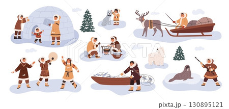 Eskimos characters. North alaska people, traditional warm clothes, inuits native family in igloo, ethnic group, hunters, reindeer herders, cartoon flat style isolated garish vector set Eskimos characters. North alaska people, traditional warm clothes, inuits native family in igloo, ethnic group, hunters, reindeer herders, cartoon flat style isolated garish vector set 130895121