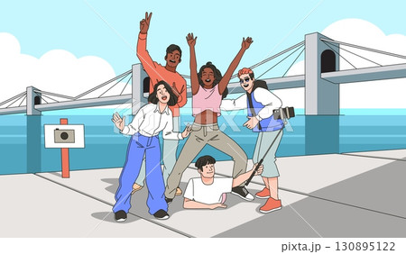 Friends group selfie. Happy people take photos against landmark background, bridge over river, funny team posing, travel and vacations cartoon flat style isolated tidy vector concept Friends group selfie. Happy people take photos against landmark background, bridge over river, funny team posing, travel and vacations cartoon flat style isolated tidy vector concept 130895122