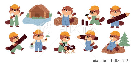 Funny beaver characters. Cute animal in jumpsuit, kids mascot, cartoon brown rodent, natural dams builder, river wildlife, constructor or carpenters symbol, garish vector cartoon isolated set 130895123