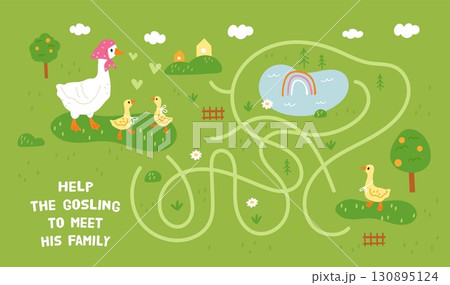 Funny geese maze. Cute mother goose with little goslings, family reunion helping, kids educational labyrinth game, page template, cartoon flat style isolated garish vector concept 130895124