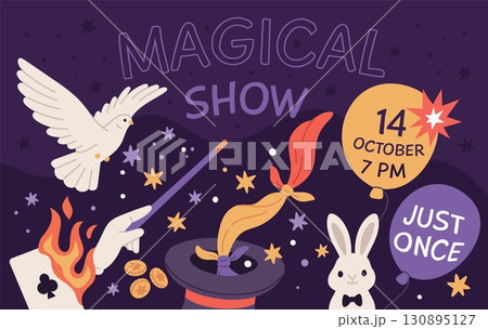 Magic show. Wizard tricks elements, illusionist performance invitation banner, cards, rabbit, top hat, pigeon, mystery event, entertainment show, garish vector cartoon flat concept Magic show. Wizard tricks elements, illusionist performance invitation banner, cards, rabbit, top hat, pigeon, mystery event, entertainment show, garish vector cartoon flat concept 130895127