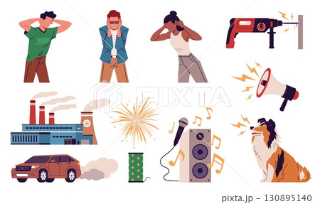 Noise pollution elements. Loud sounds sensitivity, people cover ears with hands, industrial sound, concern sources, suffering characters, cartoon flat style isolated nowaday vector set 130895140