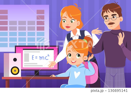 Parents and child at computer. Mom and dad helps teaching kid, online learning, happy family making homework together, cartoon flat style isolated tidy vector internet education concept 130895141