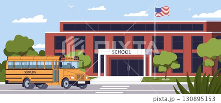 Yellow bus on street. American school building, flying flag, kids primary education, public transport, students vehicle, automobile municipal property cartoon flat nowaday vector concept 130895153