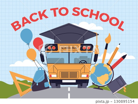 Yellow bus poster. Back to school banner, large graduation cap, kids education, backpack and supplies, car front view, cartoon flat isolated city transport, banner design nowaday vector concept 130895154