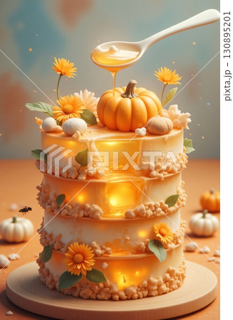Golden honey cake with pumpkin and blooming flowers Golden honey cake with pumpkin and blooming flowers 130895201