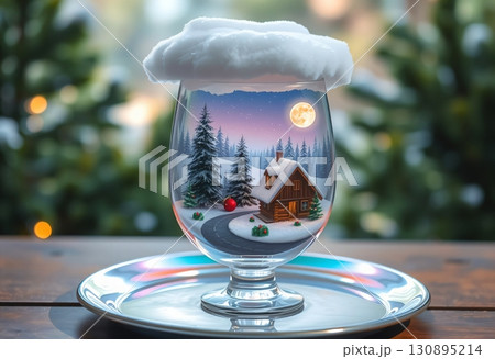 Glowing moon above snowy cabin in pine forest 130895214