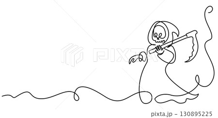 Halloween decoration card. Grim Reaper. One line art. Continuous line drawing Halloween decoration card. Grim Reaper. One line art. Continuous line drawing 130895225