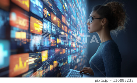 映像をチェックしてデータ分析をする女性 映像をチェックしてデータ分析をする女性 130895235