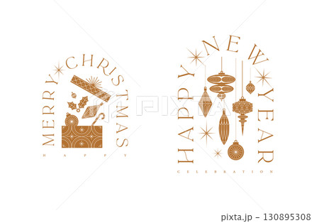 Merry Christmas hand drawn greeting labels beige 130895308