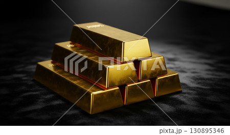 Shiny Gold Bars Stacked on Black Surface 130895346