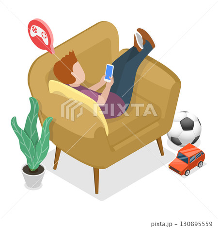 3D Isometric Flat  Illustration of Children Gadget Addiction. Item 1 130895559