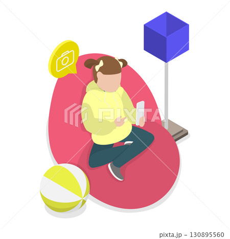 3D Isometric Flat  Illustration of Children Gadget Addiction. Item 2 130895560