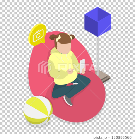 3D Isometric Flat  Illustration of Children Gadget Addiction. Item 2 130895560