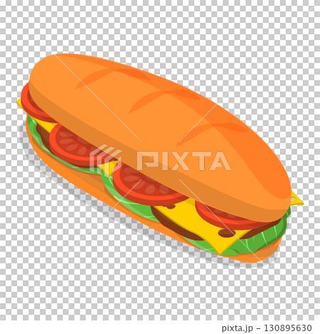 3D Isometric Flat  Illustration of baguette Sandwiches. Item 3 130895630