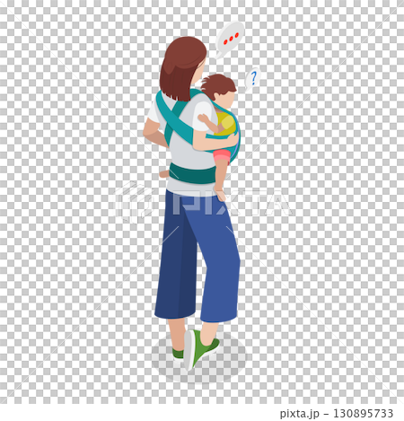 3D Isometric Flat  Illustration of Mothers Caring Childs in Baby Sling. Item 2 130895733