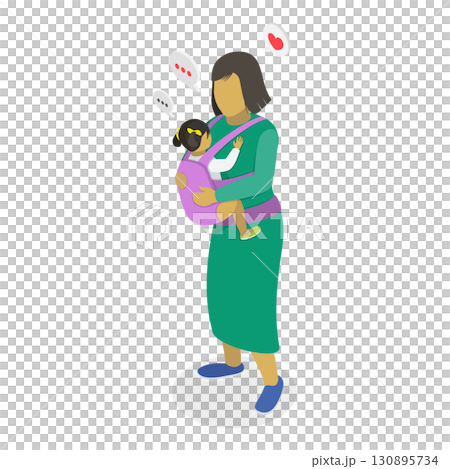 3D Isometric Flat Illustration of Mothers Caring Childs in Baby Sling. Item 3 3D Isometric Flat Illustration of Mothers Caring Childs in Baby Sling. Item 3 130895734
