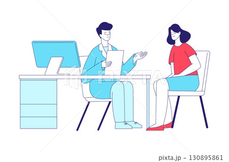 Medicine with Man Doctor in Coat Talk with Woman Patient Vector Illustration 130895861
