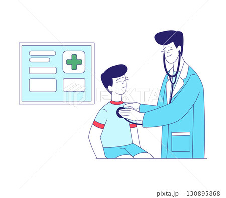 Medicine with Man Doctor in Coat Listen Boy Heart with Stethoscope Vector Illustration Medicine with Man Doctor in Coat Listen Boy Heart with Stethoscope Vector Illustration 130895868