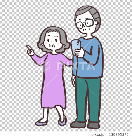 A senior couple walking while checking their smartphone 130895873