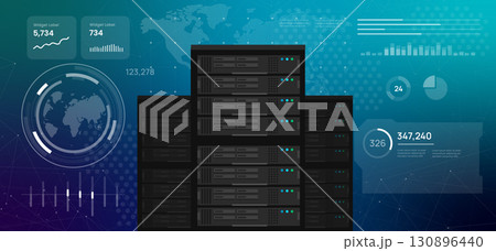 high tech digital dashboard featuring a server rack global data centers and cloud computing infrastructure web hosting big data and IT technology 130896440