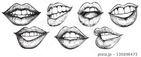 Set of Hand Drawn Lips and Mouths in Various Expressions 130896473