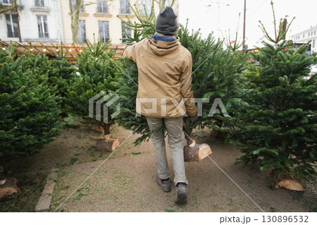 The man bought and dragged a Christmas tree home The man bought and dragged a Christmas tree home 130896532