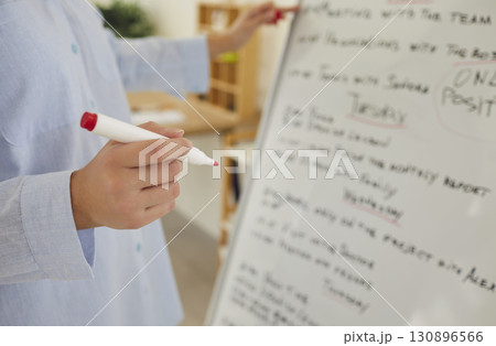 Young woman planning her work schedule and writing with marker on office white board 130896566