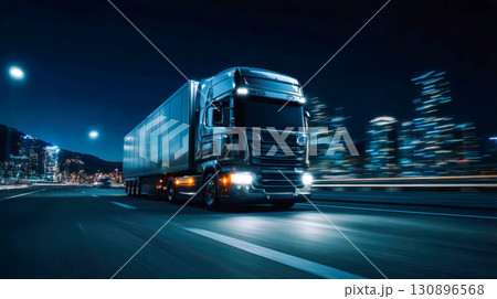 Powerful truck with trailer driving on expressway at night, modern logistics and freight transportation 130896568