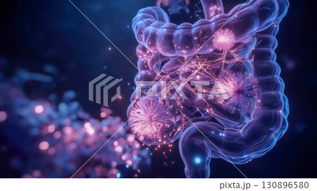 Futuristic 3D visualization of the human intestine with a glowing microbiome and neural connections 130896580