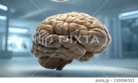 Detailed human brain with veins and anatomical texture in modern medical laboratory, scientific research concept 130896581