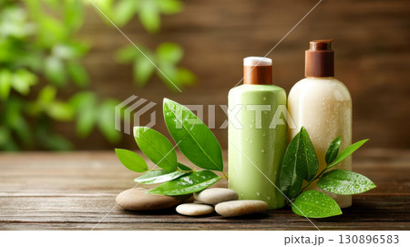 Natural skin care bottles with green leaves and spa stones, organic cosmetics in eco-friendly packaging 130896583