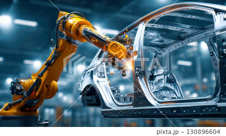 Close-up of industrial robotic arm welding car body frame in modern automobile factory, automation and smart manufacturing 130896604