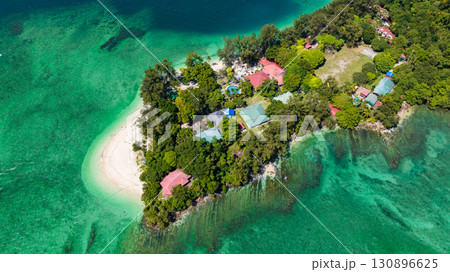 Aerial drone of Manukan island with a beautiful sandy beach. Tunku Abdul Rahman National Park. Kota Kinabalu, Sabah, Malaysia. 130896625