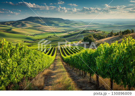 Majestic landscape of a large vineyard with endless rows of grapevines leading to rolling green hills. 130896809