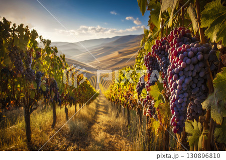 A tranquil autumn landscape showing grapes ready for harvest in a vast rural valley. 130896810