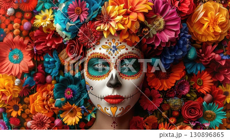A woman with a painted skull face and vibrant floral headdress celebrates Day of the Dead in Mexico. The background is filled with colorful flowers 130896865
