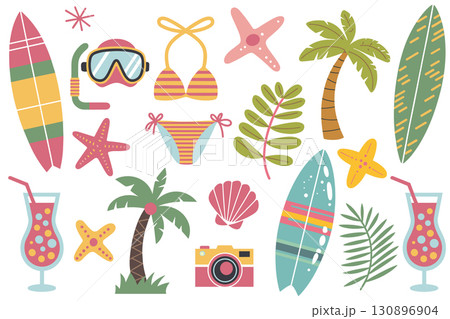 Cute Summer Beach Vacation Icon Set. Hand-drawn Surfboard, Palm Tree, and Bikini Illustrations. Cute Summer Beach Vacation Icon Set. Hand-drawn Surfboard, Palm Tree, and Bikini Illustrations. 130896904