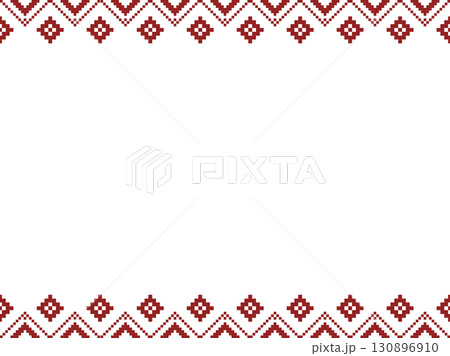 Geometric red cross-stitch border design on white background. Ideal for embroidery projects, ethnic patterns, holiday crafts, textile prints,folk art decorations. 130896910