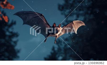 Nocturnal bat in flight under blue night sky Nocturnal bat in flight under blue night sky 130896962