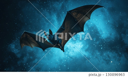 Bat flying in night sky with stars and moonlight Bat flying in night sky with stars and moonlight 130896963