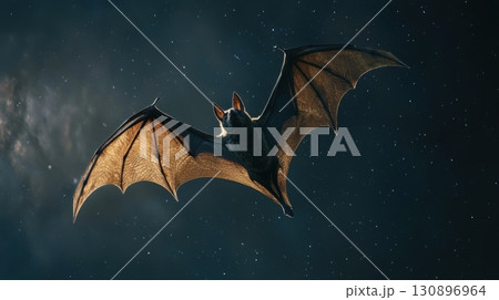 Wild bat spreading wings against starry night sky 130896964